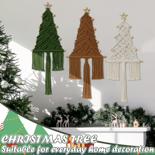 3 Pcs Large Macrame Christmas Tree Decor, Beige, Brown and Army Green - Image 3