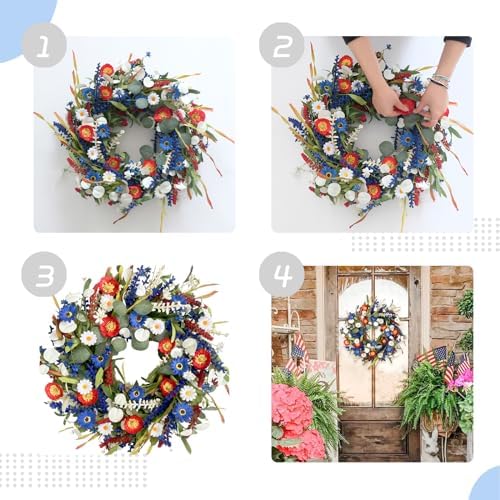 TEMPUS 20 Inch Patriotic Wreath for Front Door - Independence Day Red White Blue Daisy Grass Leaf Wreath, Memorial Day Flag Day Veterans Day Decoration, Spring Summer Outdoor Home Decor - Image 4