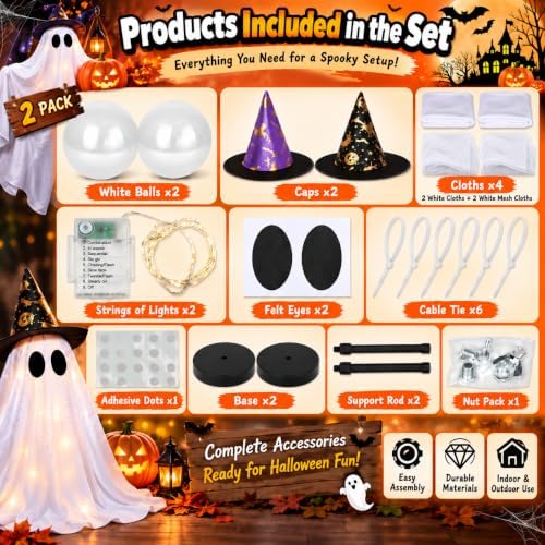 2 Pack Lighted White Ghost Halloween Decorations with Witch Hats, Telescopic Height Adjustable 12.35 to 21.65 Inches, 8 Lighting Modes Battery Operated, Halloween Indoor Decor for Table Mantel - Image 4