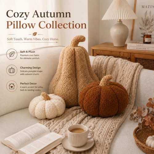Beeveer 3 Pcs Fall Thanksgiving Pumpkin Pillows,Rust & Cream - Image 2
