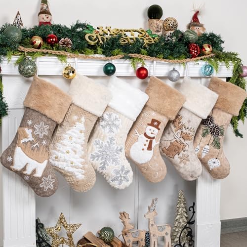 LUBOT 6 Pack Christmas Stockings Soft Large Family Xmas Stocking Set of 6 Embroidered 20" Modern Rustic Farmhouse Country Fireplace Hanging Christmas Decorations - Image 2