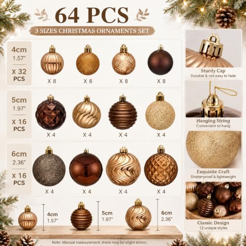 Lunmon 64 Pcs Christmas Ball Ornaments Bronze Copper Brown Gold Xmas Bulbs - Image 3