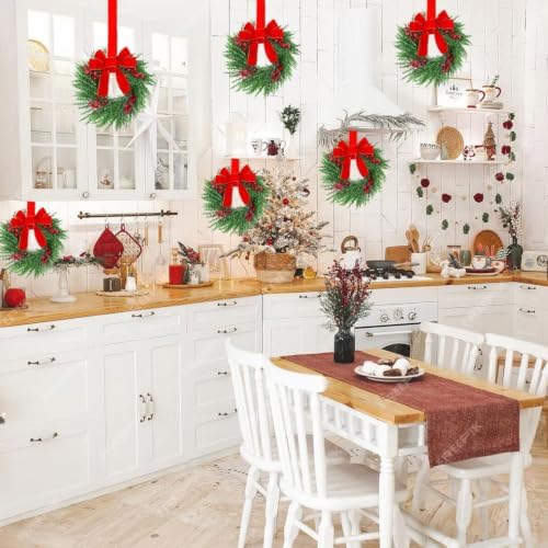 YoleShy 4 Pcs Small Christmas Wreath 12" Mini Wreaths for Cabinets, Small Wreath with Berry & Red Velvet Bow Ribbon, Window Wreaths Christmas Cabinet Wreaths for Kitchen Front Door Chair Wall - Image 4