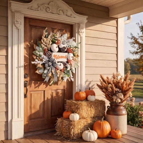 Fall Wreath for Front Door,Autumn Harvest Porch Decor,22inch Blessed Fall Door Wreaths with White Pumpkin,thanksgving Farmhouse Decoration with Ribbon Bow for Indoor Outdoor, Front Door Wreaths - Image 7