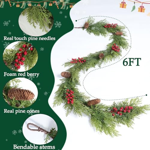 MIZII Christmas Garlands 6 Feet Artificial Pine Garland with Pinecone Berries Faux Greenery Garland Christmas Decorations for Xmas Fireplace Mantle Home Decor Indoor Outdoor (Pine Mix) - Image 2