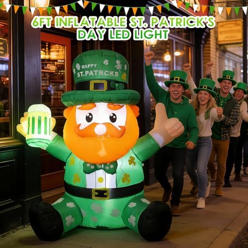 6FT St. Patricks Day Inflatables Outdoor Decorations, Blow Up Sit Down Leprechaun Holds Beer Cup,Wearing Shamrock Hat,Built-in LED Lights,St Patricks Day Décor for Irish Outdoor Garden Yard Holiday - Image 6