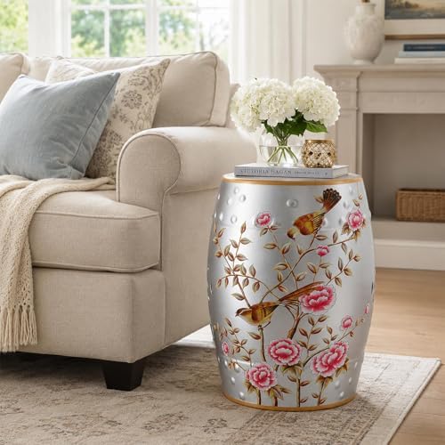 Lefedrasticity Ceramic Garden Stool Outdoor Decorative Garden Stools Hand-Painted Chinoiserie Decor Drum Stool for Garden Patio Backyard Balcony Living Room Bathroom (Silver, Pattern 7) - Image 2