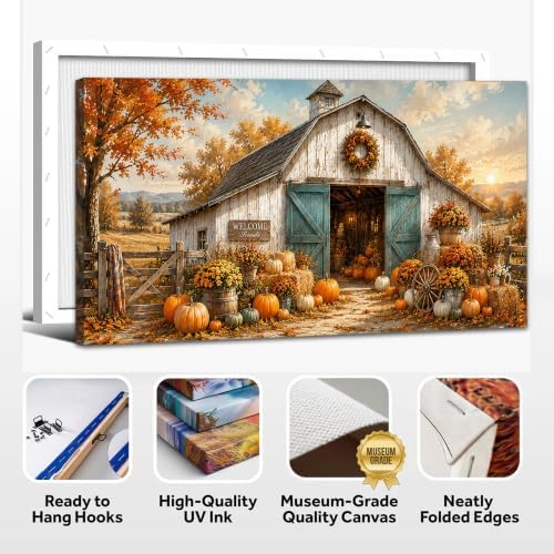 WAXWHELK Fall Farmhouse Canvas Wall Art, Rustic Farmhouse Barn Pumpkin Autumn Thanksgiving Painting Pictures Artwork for Bedroom Living Room Home Decor (24"x47") - Image 6