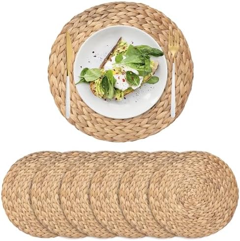 6 Pack Woven Placemats, Round Wicker Placemats, Rattan Place mats, Natural Hand-Woven Water Hyacinth Table Mats, Braided Straw Table Mats for Dining Table (13.8 inch) by XIMISISE