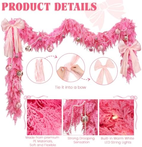 9FT Pink Christmas Garland with Lights Bow Decor Soft Preit Cedar Garland - Image 3