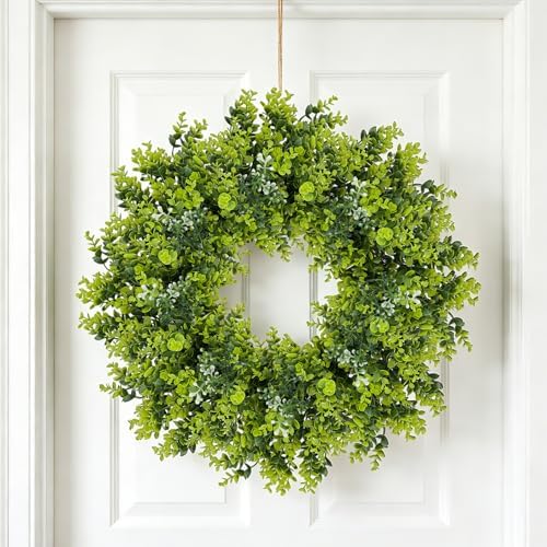 Large Boxwood Wreath for Front Door, 28" Artificial Spring and Summer Greenery Wreathwith White Flower Buds, All-Season Home Decor for Walls, Windows, Parties, Weddings, Indoor Outdoor - Image 7