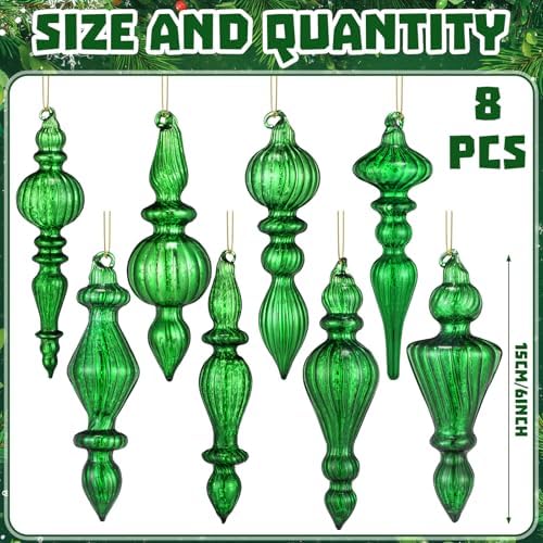 Mifoci 8 Pcs 6 Inch Mercury Glass Finial Christmas Ornaments,Green - Image 2