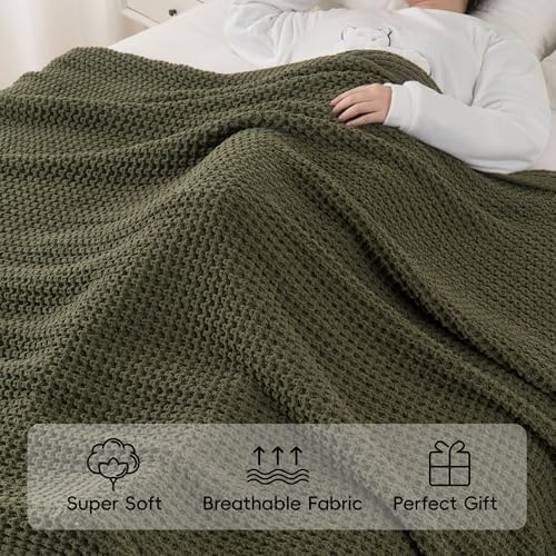 Olive Green Throw Blanket for Couch, Waffle Knit Blanket Throw 60"x80" - Image 6