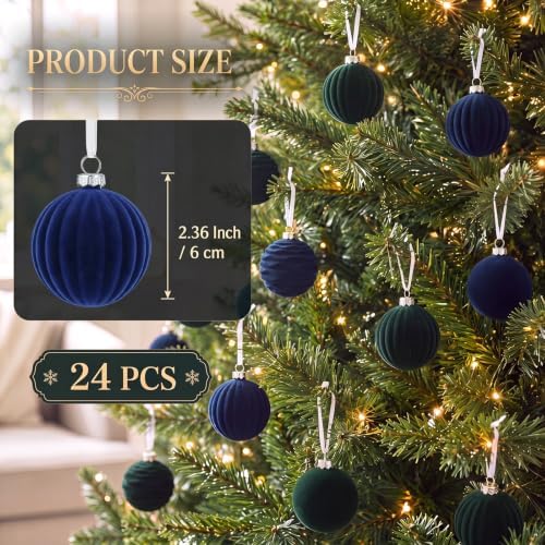 24 Pcs Velvet Christmas Ornament Vintage Ball Bulk, Blue Green - Image 2