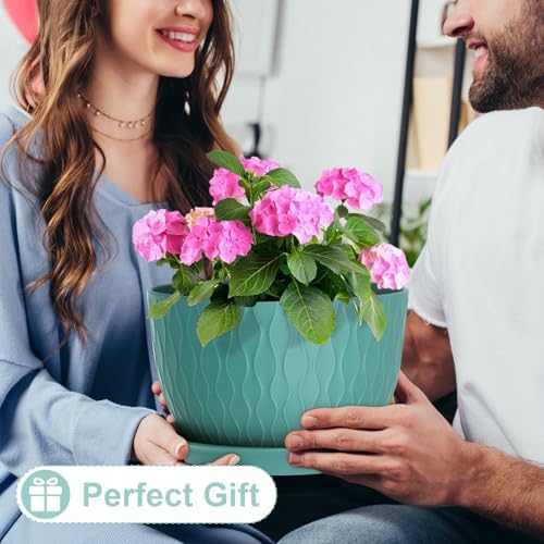 WSMKSZ 12 Inch Large Plant Pots for Indoor or Outdoor Plants, Wide Water Ripples Flower Pots with Drainage Holes & Saucer, Plastic Planters Set for Garden & Home Decor (Blue Green) - Image 5