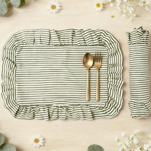 Whaline Vintage Green Cotton Placemats with Ruffle Stripe Kitchen Place Mats for Birthday Party Home Dining Table Decor, Set of 6, 14.5 x 19.7 in by Whaline