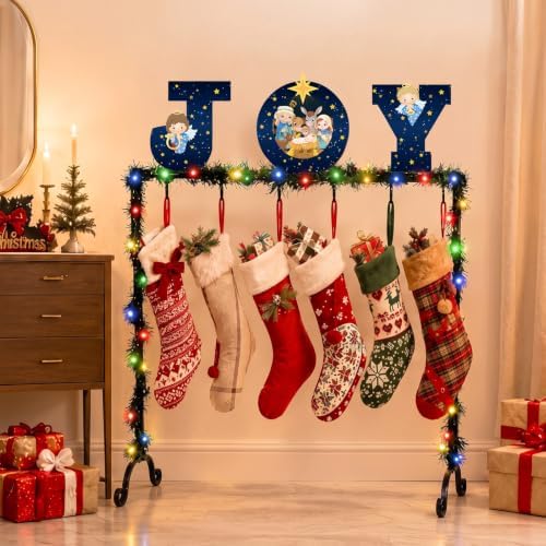 Treela Christmas Stocking Holder Stand for Floor Metal 6 Hook,Joy Nativity - Image 6