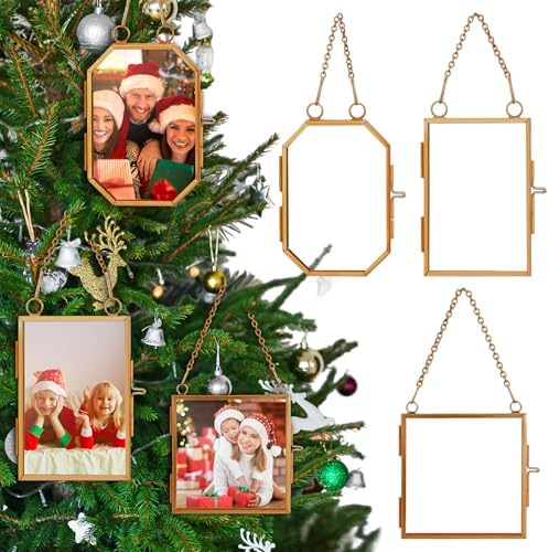 Qunclay 6 Pcs 2x3” 2.5x3.5” 3.2x3.2” Christmas Brass Picture Frame Ornaments Square Rectangle Octagon Christmas Metal Double Glass Hanging Photo Frame with Metal Chain for Xmas Tree Decorations(Gold) by Qunclay