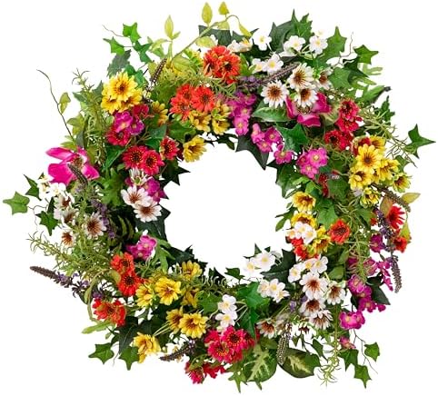 Balsam Hill Outdoor Meadow Spring & Summer Wreath - 22" Premium UV-Protected Floral Door Wreath for Front Door, Patio, Garden & Year-Round Outdoor Display by BalsamHill