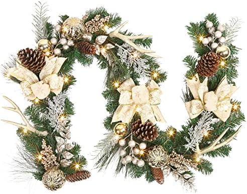 Garvee 6 Feet Christmas Garland with Lights for Mantle, Battery Operated Outdoor Christmas Garlands with Antlers Gold Balls, Prelit Garland Decorations for Fireplace Stair Railing TV Stand by Garvee