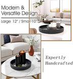 Modern Table Round Decorative Trays 2pcs Home Decor - Circle Coffee Table Centerpiece Set 12"/10" - Wooden Black Ottoman Tray with Fluted Edge - Image 3