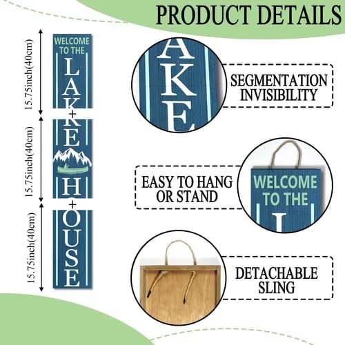 Blue Welcome To The Lake House Door Sign 8x48inch Rustic Wood Lake Theme Welcome Board and Porch Leaner for Front Door Deck or Wall Yard, All Season Vertical Porch Hanging - Image 5