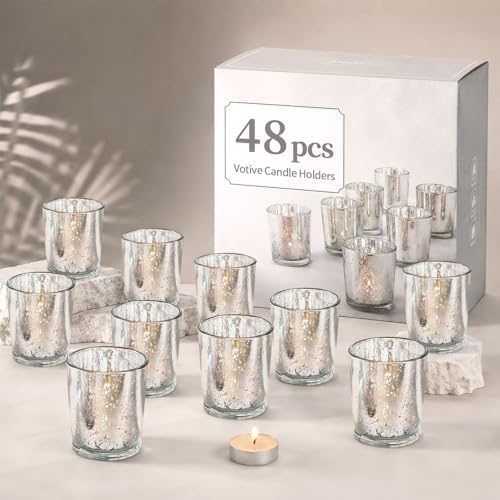 LETINE 48pcs Silver Votive Candle Holders – Glass Tea Light Candles Holder, Standard Votive Size for Regular Votive Candles – Bulk Candle Holder for Party Decoration, Bridal Shower, Holiday by LETINE