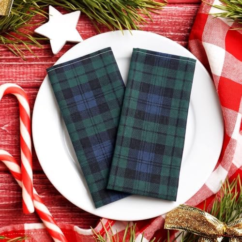Funnymoom 24 Pcs Christmas Linen Plaid Cloth Napkins Blue and Green - Image 5