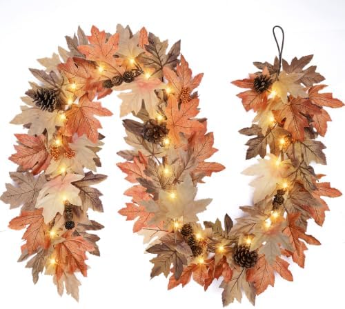 2 Pack 9 Ft Fall Garland with Lights & Timer, Thanksgiving Mantel Decor by FLAGLY