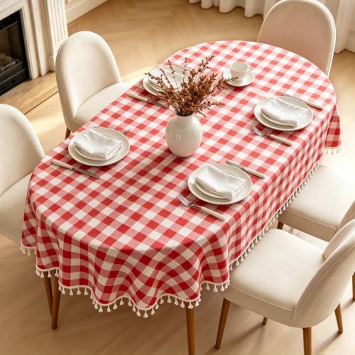 Red Checkered Oval Tablecloth, Cotton Linen Texture, 60"x102" by Pavorin