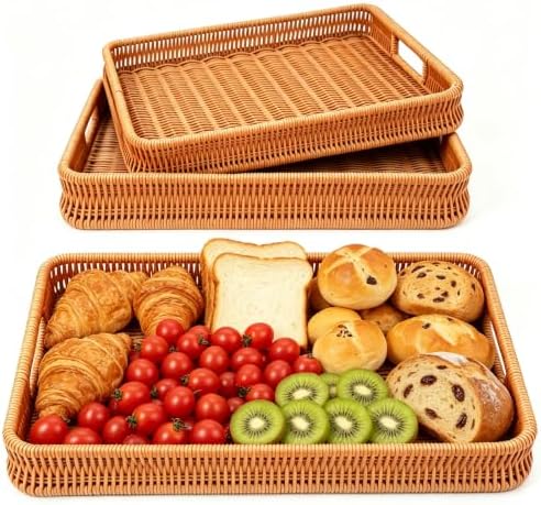 3PCS Hand-Woven 16“ Rattan Rectangular Serving Tray with Handles – Wicker Tray for Coffee Table Decor, Breakfast Basket, Drinks, Fruit, Snacks Organizer, Ottoman & Kitchen Counter Outdoor by Unknown