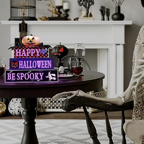 BlcTec Halloween Decorations Indoor, Premium Wood Block Sign with Lighted 3D Letters, Pumpkin, Maples & Berries, Timer Battery Operated Halloween Décor for Home Tabletop, Mantle, Shelf, Tiered Tray - Image 5