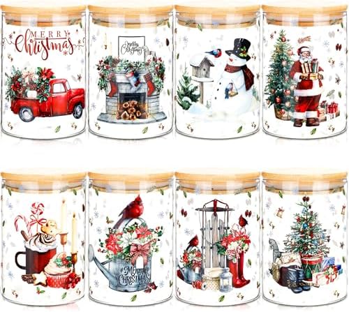 Potchen 8 Pcs Christmas Glass Storage Jars 19oz Christmas Canister Set with Airtight Lid Cookie Candy Jar for Winter Xmas Snowman Santa Kitchen Countertop Food Containers, 5.1 x 3.3 Inches(Christmas) by Potchen