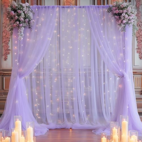 10x10ft Purple Backdrop Curtain with Lights String for Parites, Sheer Photo Backdrop Drapes Tulle Curtains for Wedding Baby Shower Birthday Party Photo Shoot Decorations - Image 5