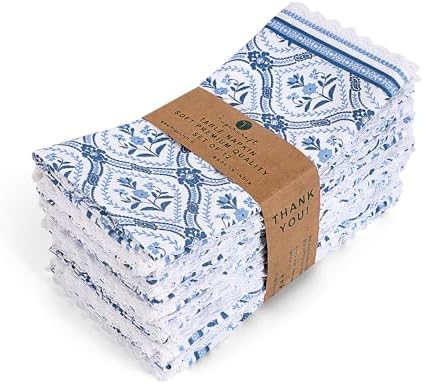 FINGERCRAFT Lace Cloth Napkins, Cotton Linen 12 Pack, 20x20 in, Blue Damask by FINGERCRAFT