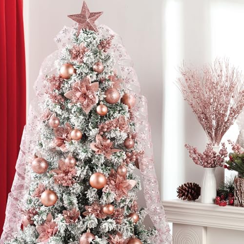 Realspring 72 Pieces Christmas Tree Ornament Set Xmas Assorted Decorations Bulk Glitter Poinsettia Berry Picks Topper Star Sequin Tree Skirts for Home Wreaths Holiday Party Favors (Rose Gold) - Image 5