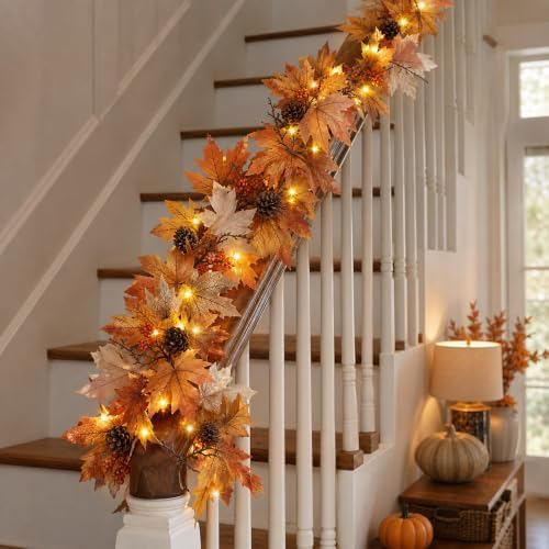 6 FT Lighted Fall Garland with Timer, Maple Leaves and Pinecones - Image 5