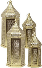 VELA LANTERNS 4ct Golden Tower Temple Moroccan Lantern Lamp Decorative Candle Holders for Ramadan Decorations, Hanging, Outdoor Patio or Porch, Indoor Home Decor, Gold, 2-11" Small, 2-15" Large - Image 2