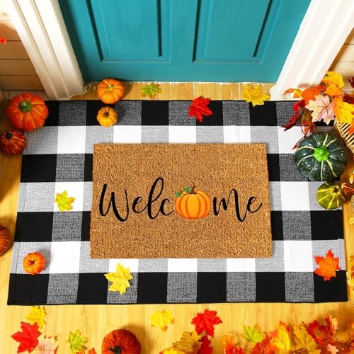 Moucuny 2 Pcs Fall Front Door Mat Pumpkin Welcome Mat Outdoor, Non-Slip - Image 2