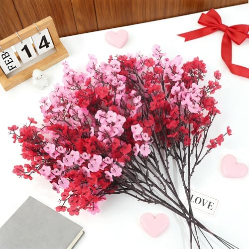 Uieke 30 Pcs Valentine’s Day Artificial Baby’s Breath Flowers, Red Pink Faux Gypsophila Bouquets Real Touch Silk Fake Flowers for Romantic Wedding, Anniversary, Party, Home Table Centerpiece Décor - Image 3