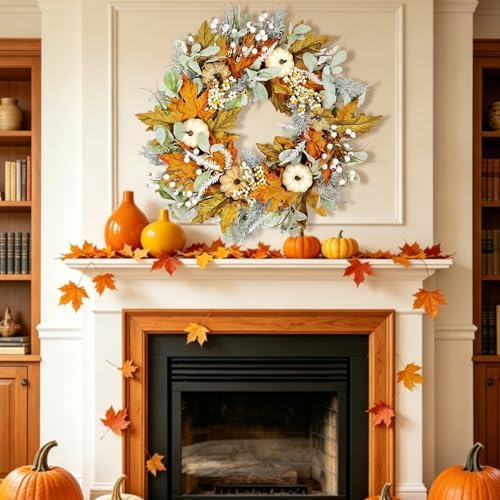 Pre-lit Wreaths for Front Door - 24" Thanksgiving Fall Decor - Image 6