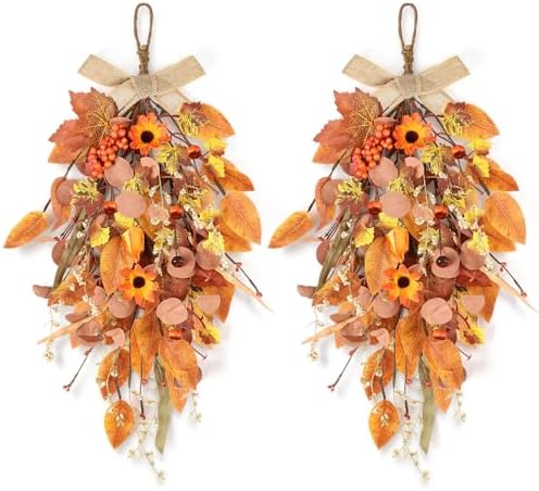 2 Pcs 24" Artificia Fall Swag for Front Door Autumn Teardrop Swag Harvest Sunflowers Pumpkins Leaves Berries Door Swag Hanging Flower Wreath for Window Wall Decor by Unknown