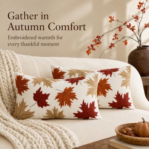 Embroidered Fall Throw Pillow Covers,12x20 Inch Set of 2,Maple Leaf - Image 4