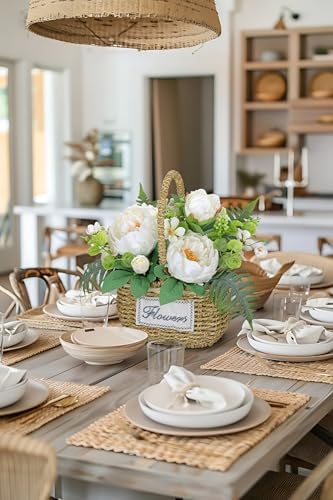 Peonies Artificial Flowers, Spring/Summer Flower Centerpieces for Tables Silk Flower Arrangements with Woven Basket Fake Peonies with Fern Leaves White Flower Arrangement for Kitchen Dinner Table - Image 5