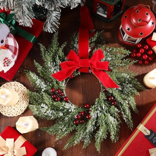 Barydat 4 Pcs 15" Mini Christmas Wreaths for Kitchen Cabinet with Long Bow - Image 2