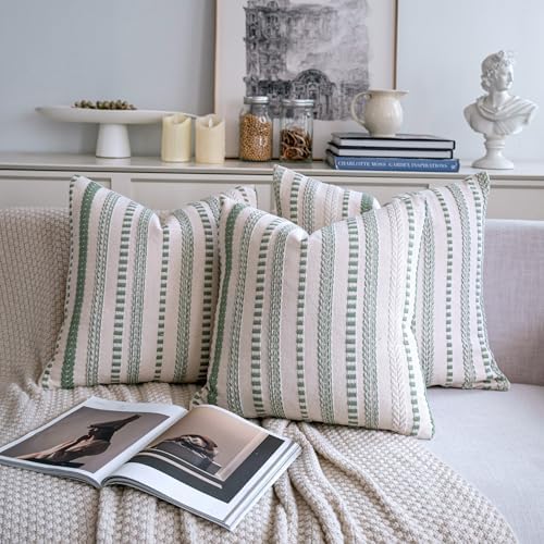 Cethom Sage Green Boho Throw Pillow Covers 22x22 Inch Set of 2, Stripe Textured Decorative Couch Pillow Cases for Bed, Sofa, Living Room, Bedroom, Farmhouse Home Accent Cushion Covers - Image 6