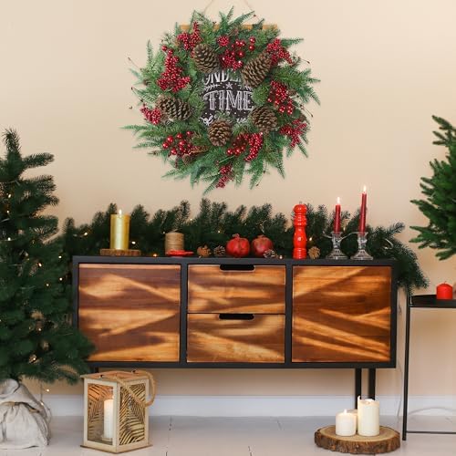 22’’ Artificial Christmas Wreath Norfolk Pine Wreath for Front Door with Pine Needles Red Berries Big Pinecones Christmas Decorations for Winter Farmhouse Wall Indoor Outdoor Home Holiday Xmas Decor - Image 3