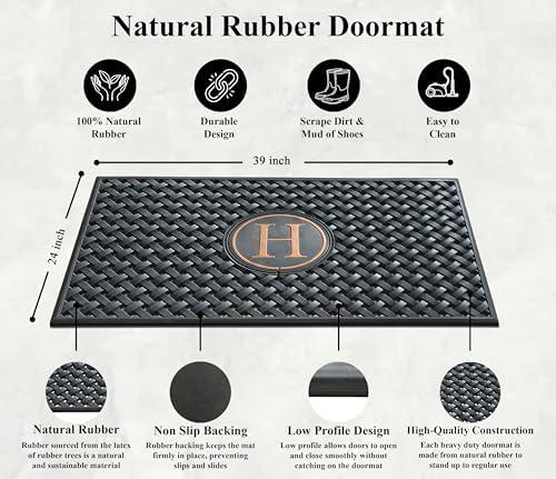 A1HC Natural Rubber Front Door Mat 24x39 inches, Monogrammed Doormat for Entryway, Heavy Duty Shoe Scraper Welcome Mat for Porch, Patio & Outside Entrance - Black - Image 3