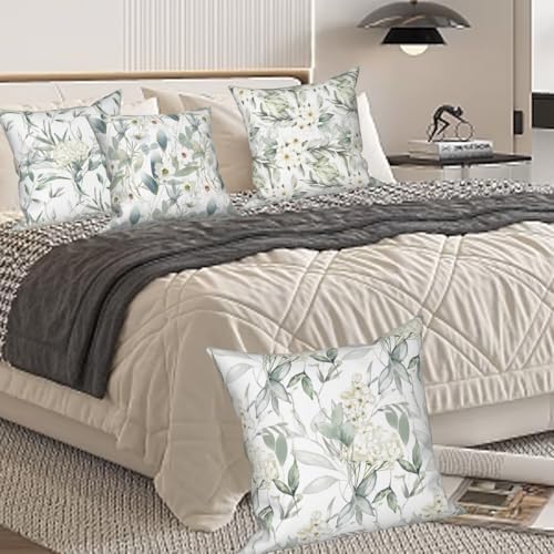 4 Pcs/Set Flowers Pillow Covers Summer White Floral Green Leaves Plants Watercolor Natural Scenery Linen Throw Pillow Covers for Outdoor Couch Sofa Farmhouse Bedroom Decor, 26"x26" - Image 7