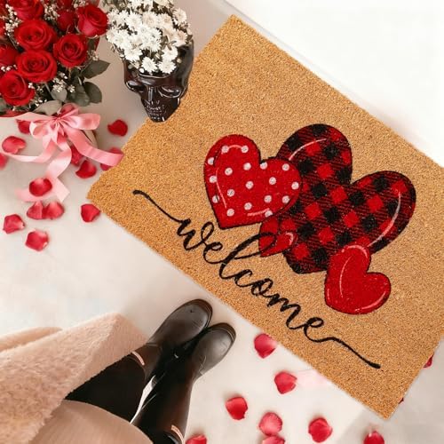 Whaline Valentine' s Day Doormat Natural Coir Welcome Floor Mat Plaid Dot Love Heart Rectangle Entrance Door Rug for Indoor Outdoor Home Bathroom Decor, 16.5 x 29 Inch - Image 5